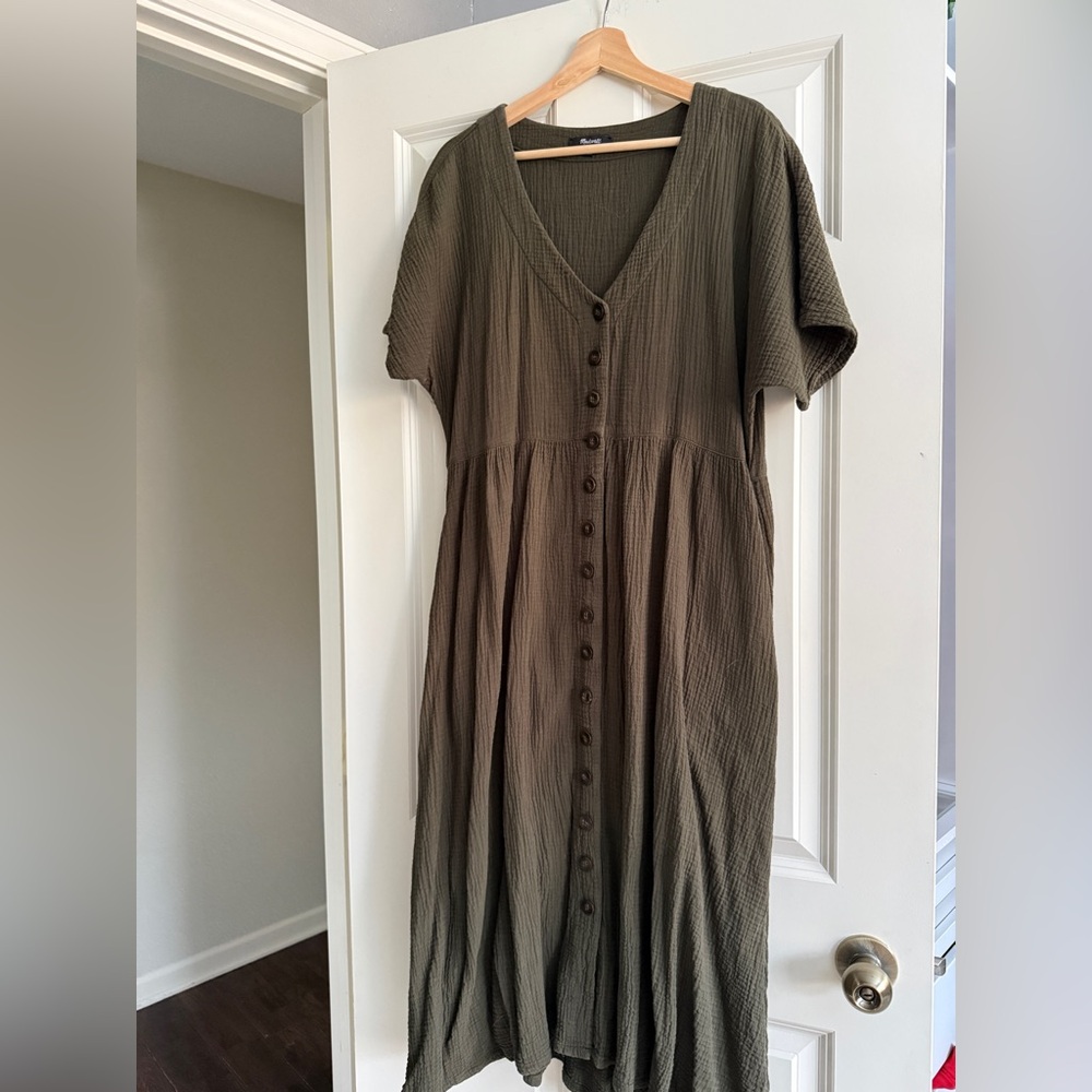 Madewell Olive Green Button-Front Midi Dress